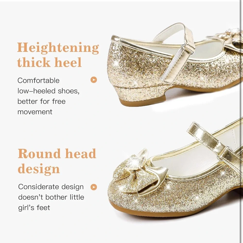 Girls Sparkly Gold Kids Shoes with Bow